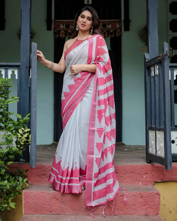 White & Pink Pure Cotton Linen Saree | Geometric Stripes with Blouse & Tassel Detailing