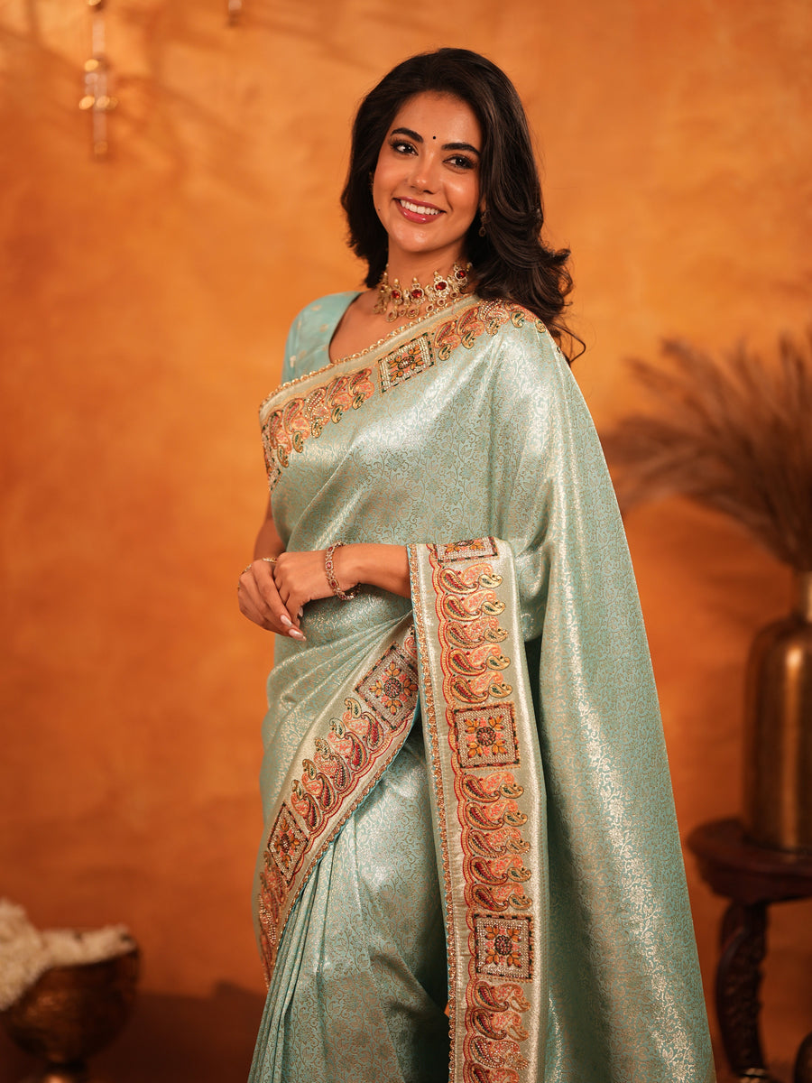 Mint Green Banarasi Silk Saree with Intricate Zari Weaving & Heavy Ornamental Embroidered Border | Festive & Wedding Wear Saree with Blouse