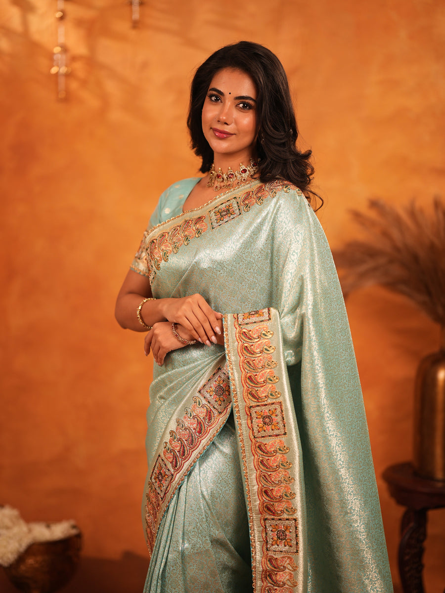 Mint Green Banarasi Silk Saree with Intricate Zari Weaving & Heavy Ornamental Embroidered Border | Festive & Wedding Wear Saree with Blouse