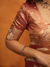 Peach Pink Tissue Silk Embroidered Saree with Zari Motifs & Designer Border | Heavy Embroidered Blouse with Tassels | Wedding & Festive Wear Saree