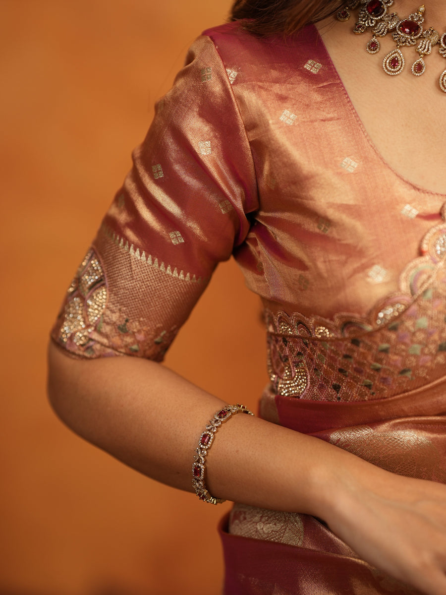 Peach Pink Tissue Silk Embroidered Saree with Zari Motifs & Designer Border | Heavy Embroidered Blouse with Tassels | Wedding & Festive Wear Saree