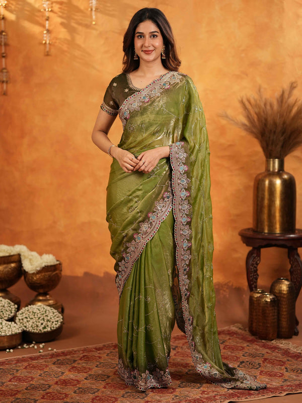 Olive Green Fendy Satin Embroidered Saree with Multicolor Floral Border & Tassels | Designer Festive Wear Saree with Heavy Embroidered Blouse