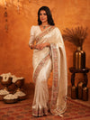 Ivory Cream Banarasi Silk Saree with Zari Weaving & Ornamental Embroidered Border | Classic Wedding & Festive Wear Saree with Blouse