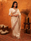 Ivory Cream Banarasi Silk Saree with Zari Weaving & Ornamental Embroidered Border | Classic Wedding & Festive Wear Saree with Blouse