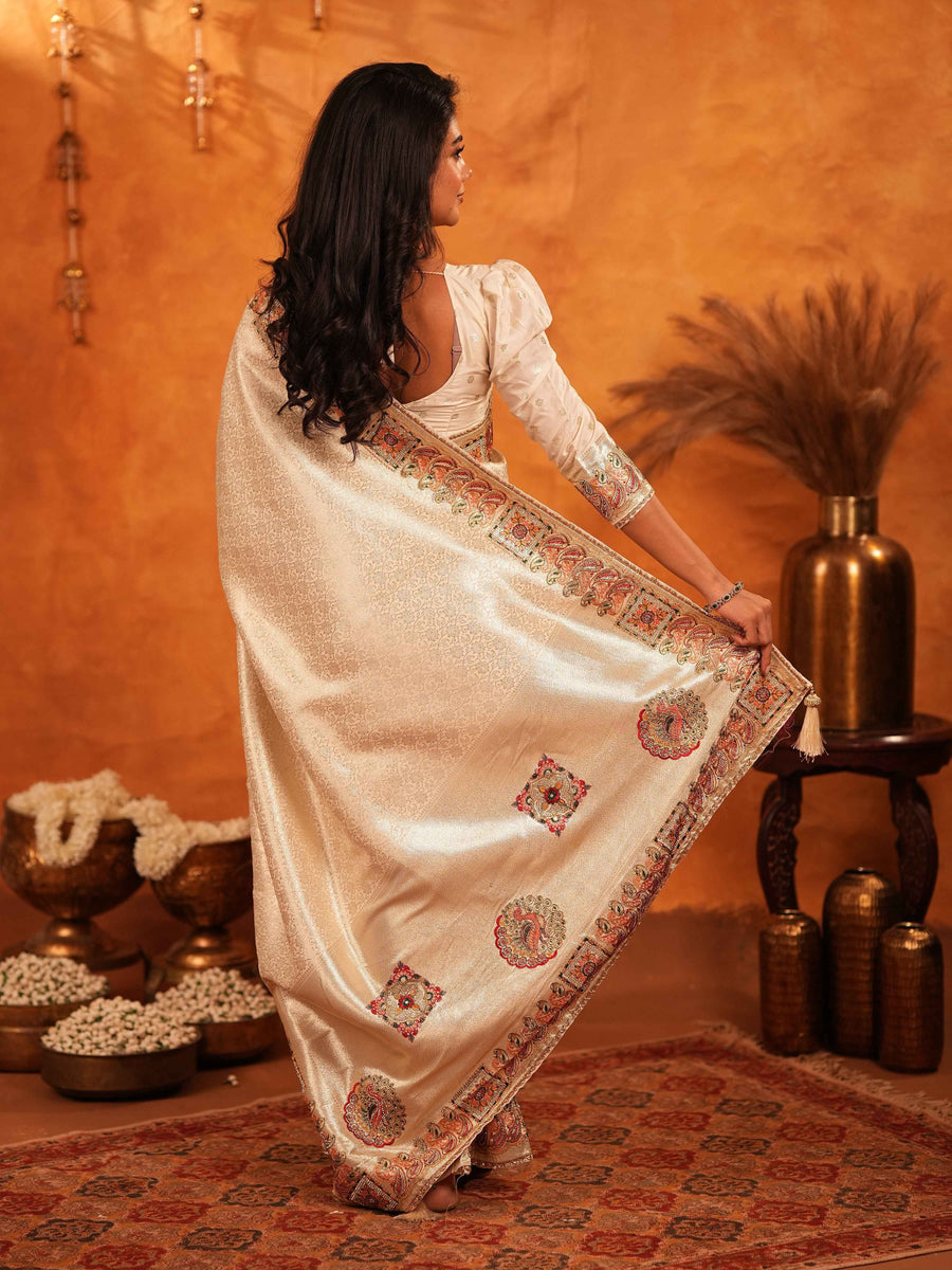 Ivory Cream Banarasi Silk Saree with Zari Weaving & Ornamental Embroidered Border | Classic Wedding & Festive Wear Saree with Blouse