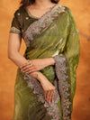 Olive Green Fendy Satin Embroidered Saree with Multicolor Floral Border & Tassels | Designer Festive Wear Saree with Heavy Embroidered Blouse