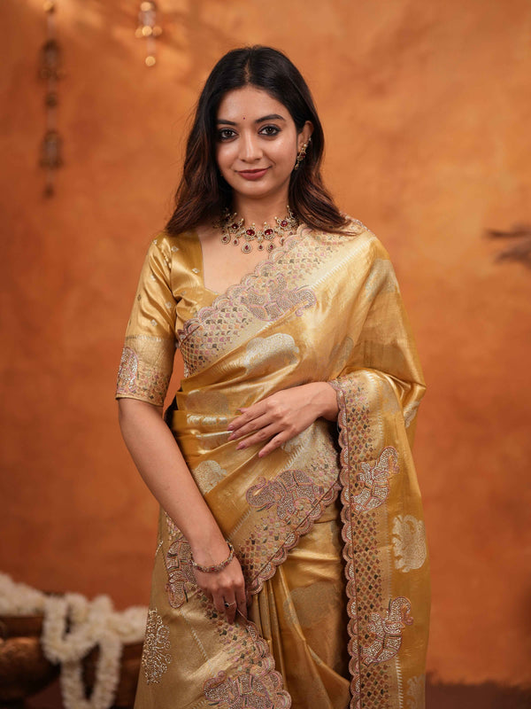 Golden Tissue Silk Embroidered Saree with Rich Zari Motifs & Designer Border | Heavy Embroidered Blouse with Tassels | Wedding & Festive Wear Saree
