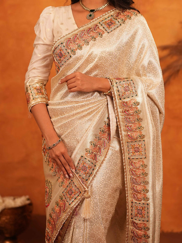 Ivory Cream Banarasi Silk Saree with Zari Weaving & Ornamental Embroidered Border | Classic Wedding & Festive Wear Saree with Blouse