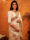 Ivory Cream Banarasi Silk Saree with Zari Weaving & Ornamental Embroidered Border | Classic Wedding & Festive Wear Saree with Blouse