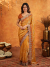 Mustard Gold Fendy Satin Embroidered Saree with Multicolor Floral Border & Tassels | Designer Festive Party Wear Saree with Heavy Embroidered Blouse
