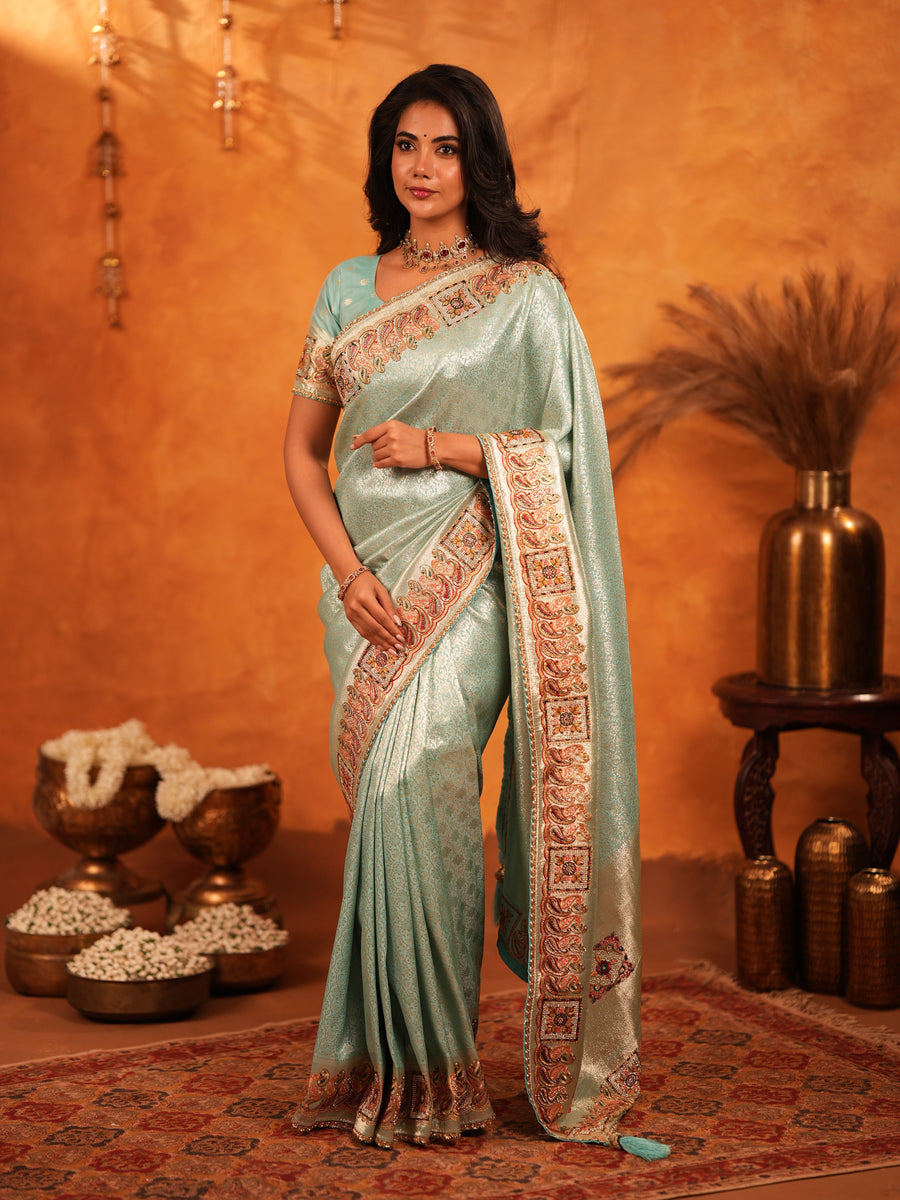 Mint Green Banarasi Silk Saree with Intricate Zari Weaving & Heavy Ornamental Embroidered Border | Festive & Wedding Wear Saree with Blouse