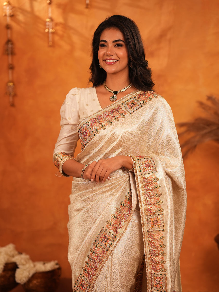 Ivory Cream Banarasi Silk Saree with Zari Weaving & Ornamental Embroidered Border | Classic Wedding & Festive Wear Saree with Blouse