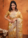 Golden Tissue Silk Embroidered Saree with Rich Zari Motifs & Designer Border | Heavy Embroidered Blouse with Tassels | Wedding & Festive Wear Saree