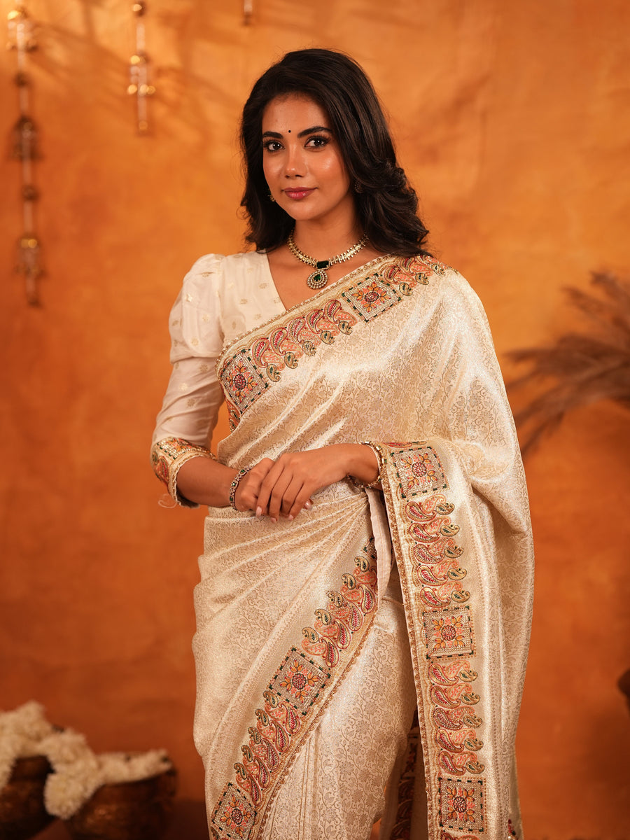 Ivory Cream Banarasi Silk Saree with Zari Weaving & Ornamental Embroidered Border | Classic Wedding & Festive Wear Saree with Blouse