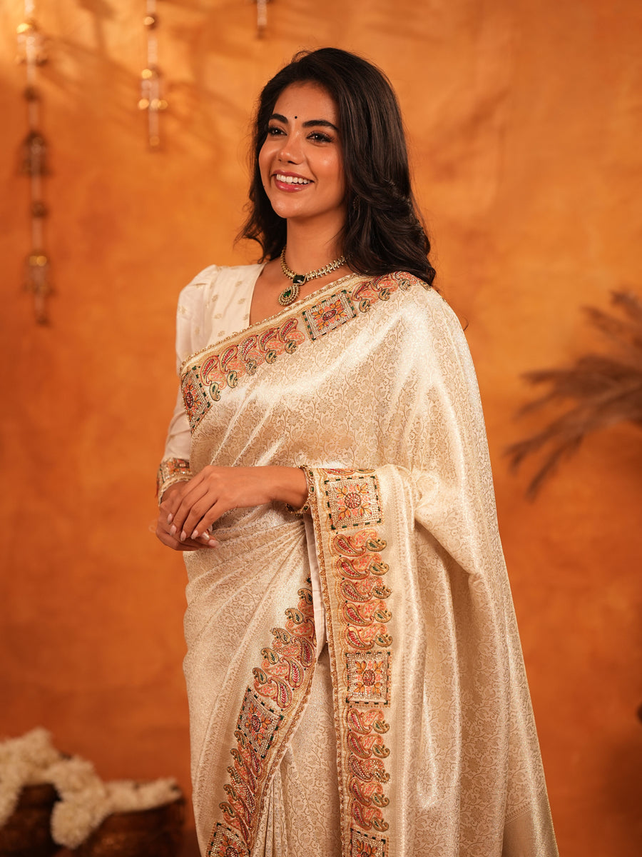 Ivory Cream Banarasi Silk Saree with Zari Weaving & Ornamental Embroidered Border | Classic Wedding & Festive Wear Saree with Blouse