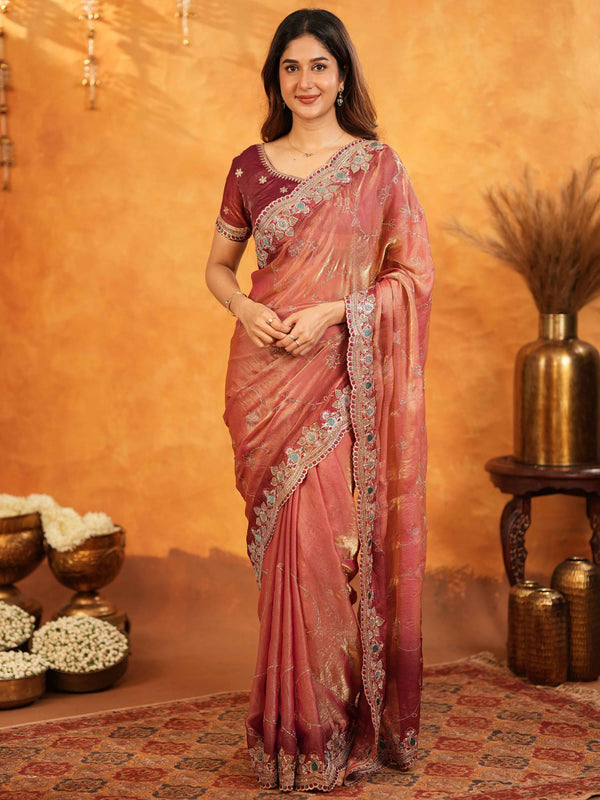 Dusty Rose Pink Fendy Satin Embroidered Saree with Multicolor Floral Border & Tassels | Designer Party Wear Saree with Heavy Embroidered Blouse