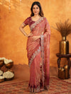 Dusty Rose Pink Fendy Satin Embroidered Saree with Multicolor Floral Border & Tassels | Designer Party Wear Saree with Heavy Embroidered Blouse