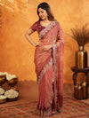 Dusty Rose Pink Fendy Satin Embroidered Saree with Multicolor Floral Border & Tassels | Designer Party Wear Saree with Heavy Embroidered Blouse