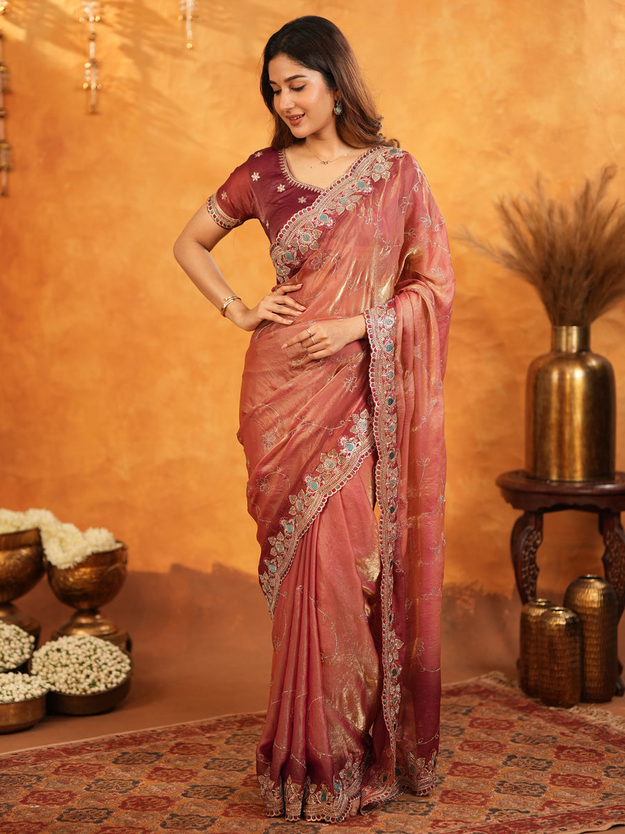 Dusty Rose Pink Fendy Satin Embroidered Saree with Multicolor Floral Border & Tassels | Designer Party Wear Saree with Heavy Embroidered Blouse