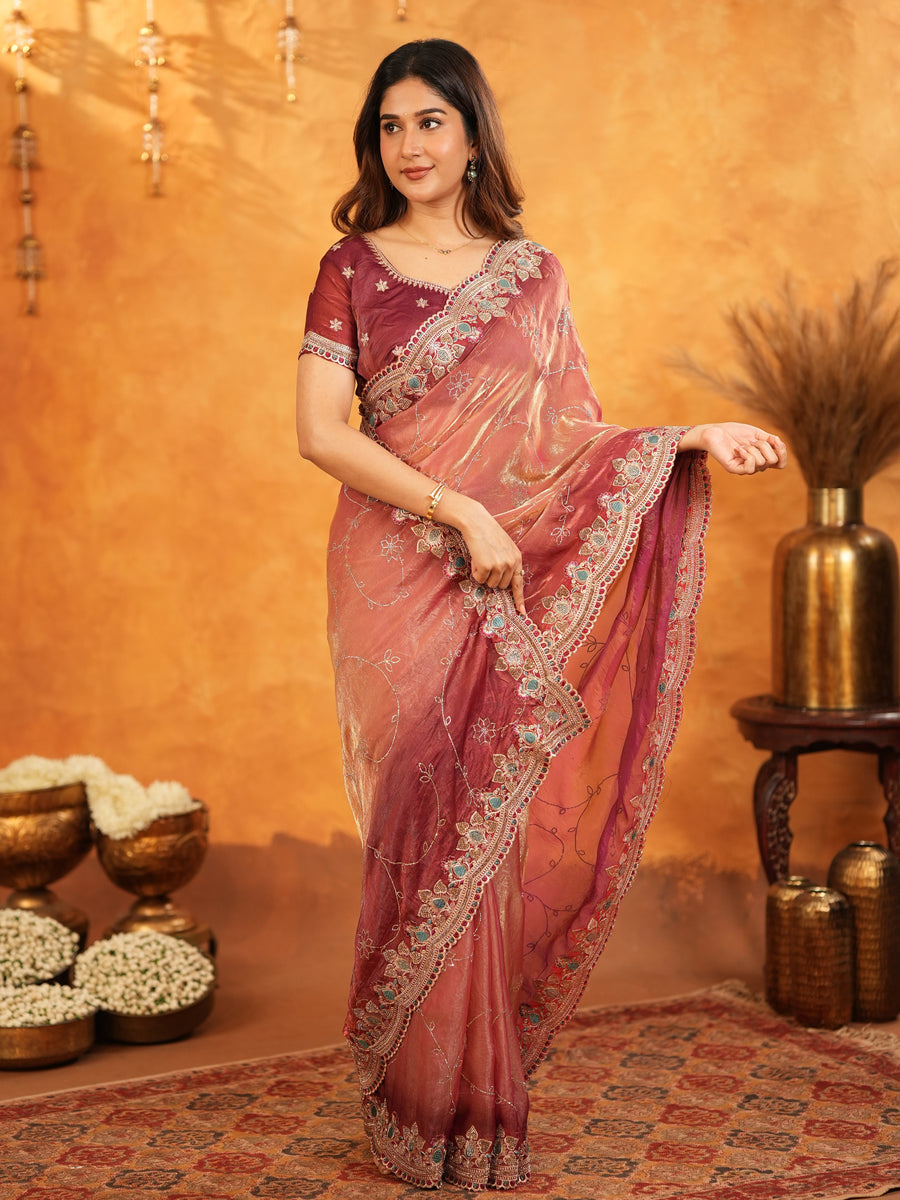 Dusty Rose Pink Fendy Satin Embroidered Saree with Multicolor Floral Border & Tassels | Designer Party Wear Saree with Heavy Embroidered Blouse