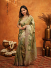 Olive Green Tissue Silk Embroidered Saree with Zari Motifs & Designer Border | Heavy Embroidered Blouse with Tassels | Wedding & Festive Wear Saree