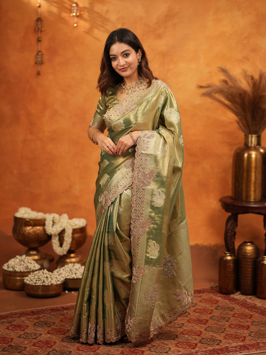 Olive Green Tissue Silk Embroidered Saree with Zari Motifs & Designer Border | Heavy Embroidered Blouse with Tassels | Wedding & Festive Wear Saree
