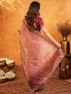 Dusty Rose Pink Fendy Satin Embroidered Saree with Multicolor Floral Border & Tassels | Designer Party Wear Saree with Heavy Embroidered Blouse