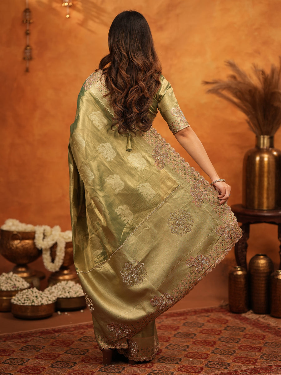 Olive Green Tissue Silk Embroidered Saree with Zari Motifs & Designer Border | Heavy Embroidered Blouse with Tassels | Wedding & Festive Wear Saree