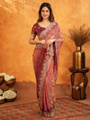 Dusty Rose Pink Fendy Satin Embroidered Saree with Multicolor Floral Border & Tassels | Designer Party Wear Saree with Heavy Embroidered Blouse