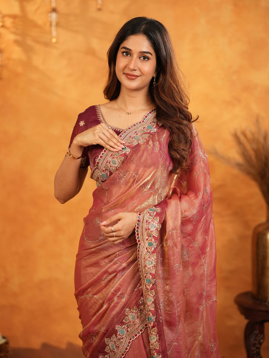 Dusty Rose Pink Fendy Satin Embroidered Saree with Multicolor Floral Border & Tassels | Designer Party Wear Saree with Heavy Embroidered Blouse