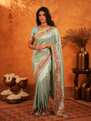 Mint Green Banarasi Silk Saree with Intricate Zari Weaving & Heavy Ornamental Embroidered Border | Festive & Wedding Wear Saree with Blouse