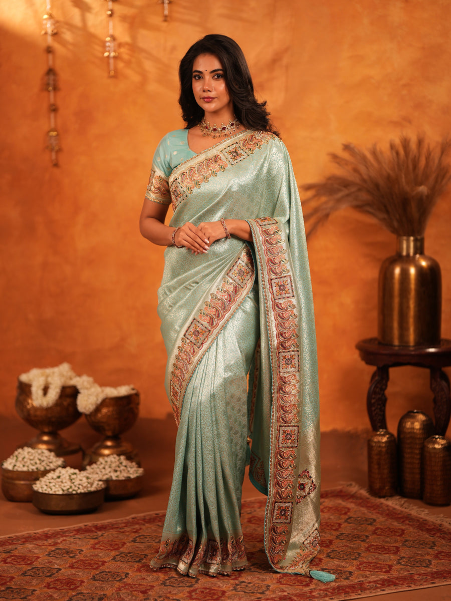 Mint Green Banarasi Silk Saree with Intricate Zari Weaving & Heavy Ornamental Embroidered Border | Festive & Wedding Wear Saree with Blouse