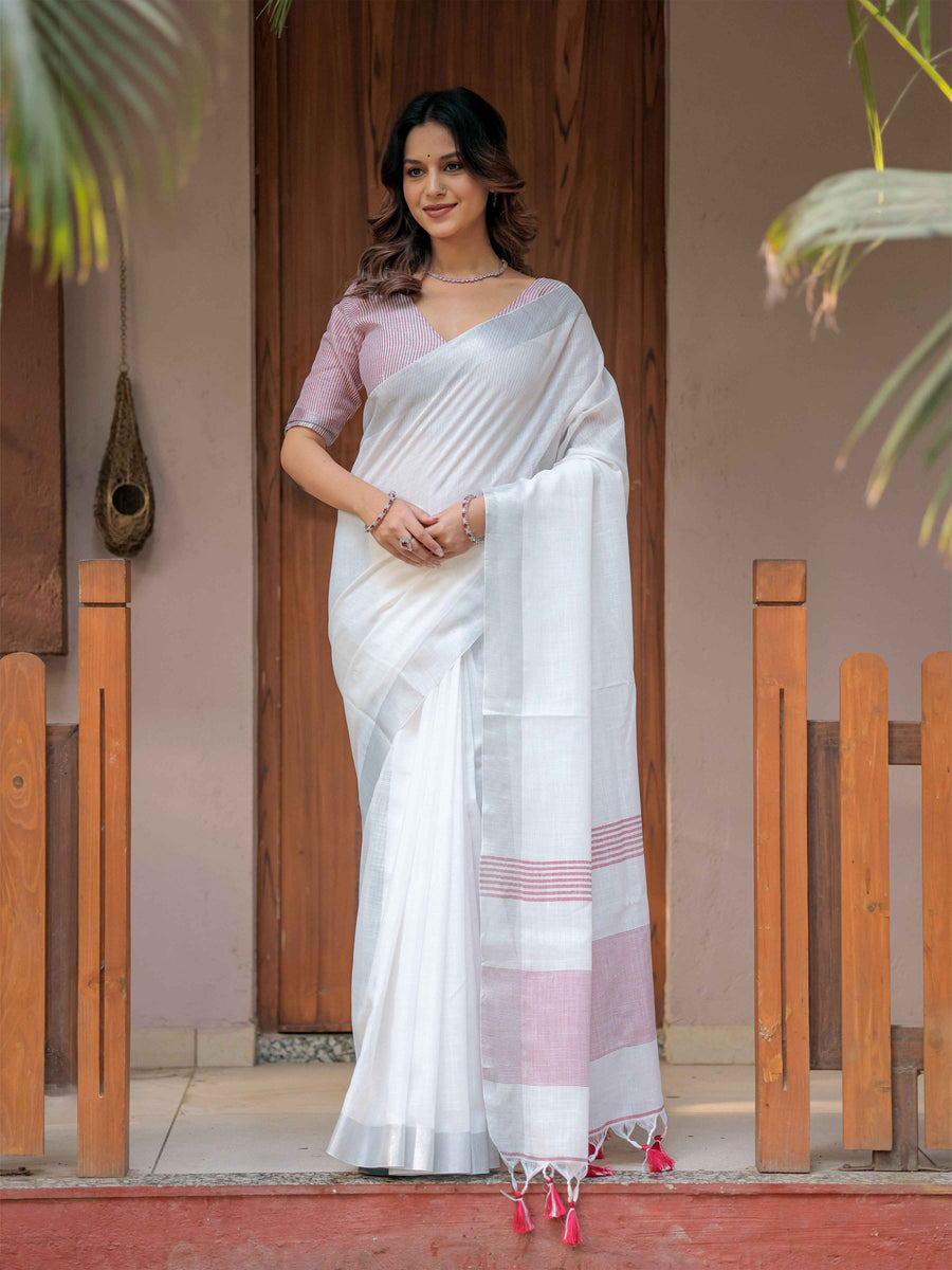 Pure White & Red Handloom Cotton Saree with Minimal Striped Border & Tassel Detailing