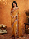 Mustard Gold Fendy Satin Embroidered Saree with Multicolor Floral Border & Tassels | Designer Festive Party Wear Saree with Heavy Embroidered Blouse