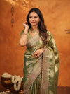 Olive Green Tissue Silk Embroidered Saree with Zari Motifs & Designer Border | Heavy Embroidered Blouse with Tassels | Wedding & Festive Wear Saree