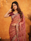 Dusty Rose Pink Fendy Satin Embroidered Saree with Multicolor Floral Border & Tassels | Designer Party Wear Saree with Heavy Embroidered Blouse