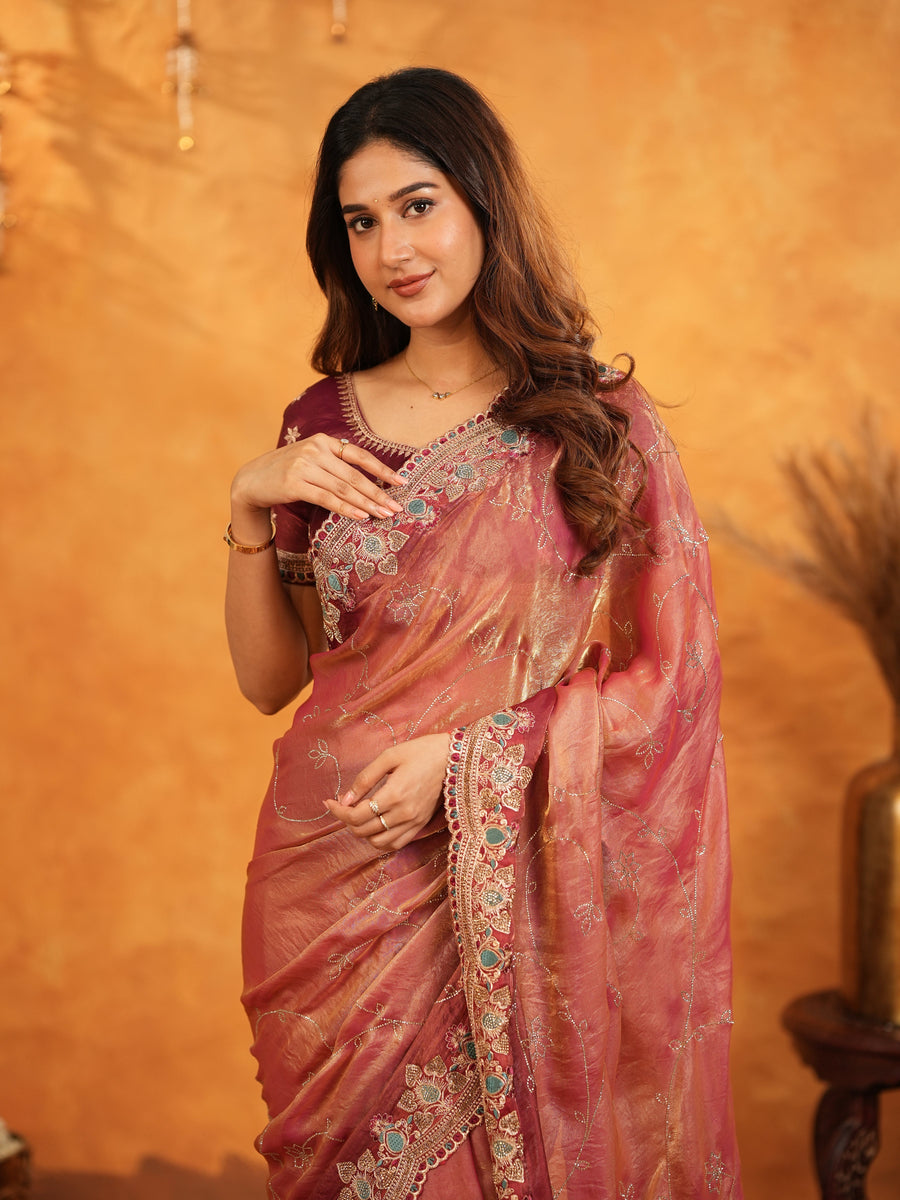 Dusty Rose Pink Fendy Satin Embroidered Saree with Multicolor Floral Border & Tassels | Designer Party Wear Saree with Heavy Embroidered Blouse