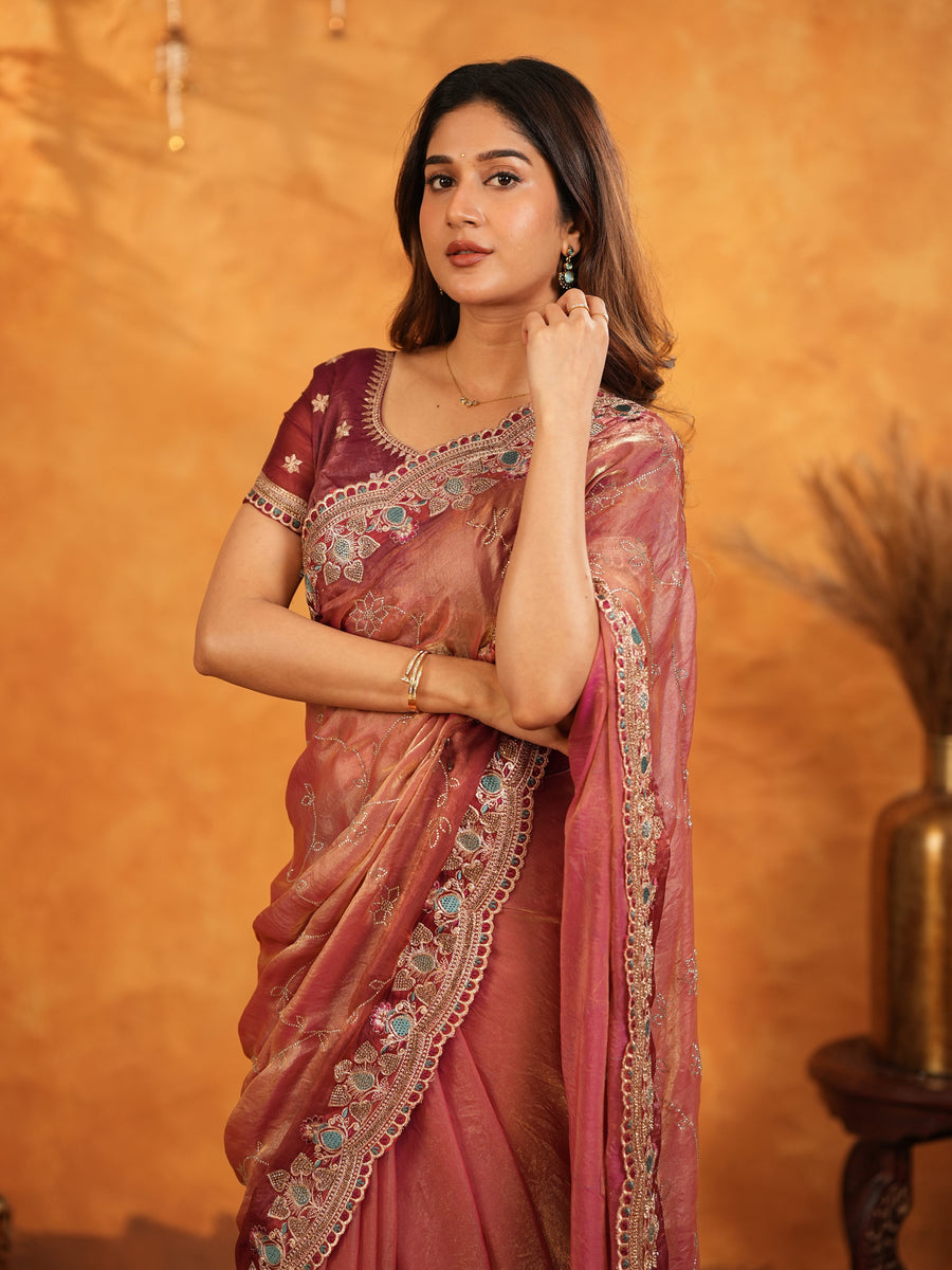 Dusty Rose Pink Fendy Satin Embroidered Saree with Multicolor Floral Border & Tassels | Designer Party Wear Saree with Heavy Embroidered Blouse