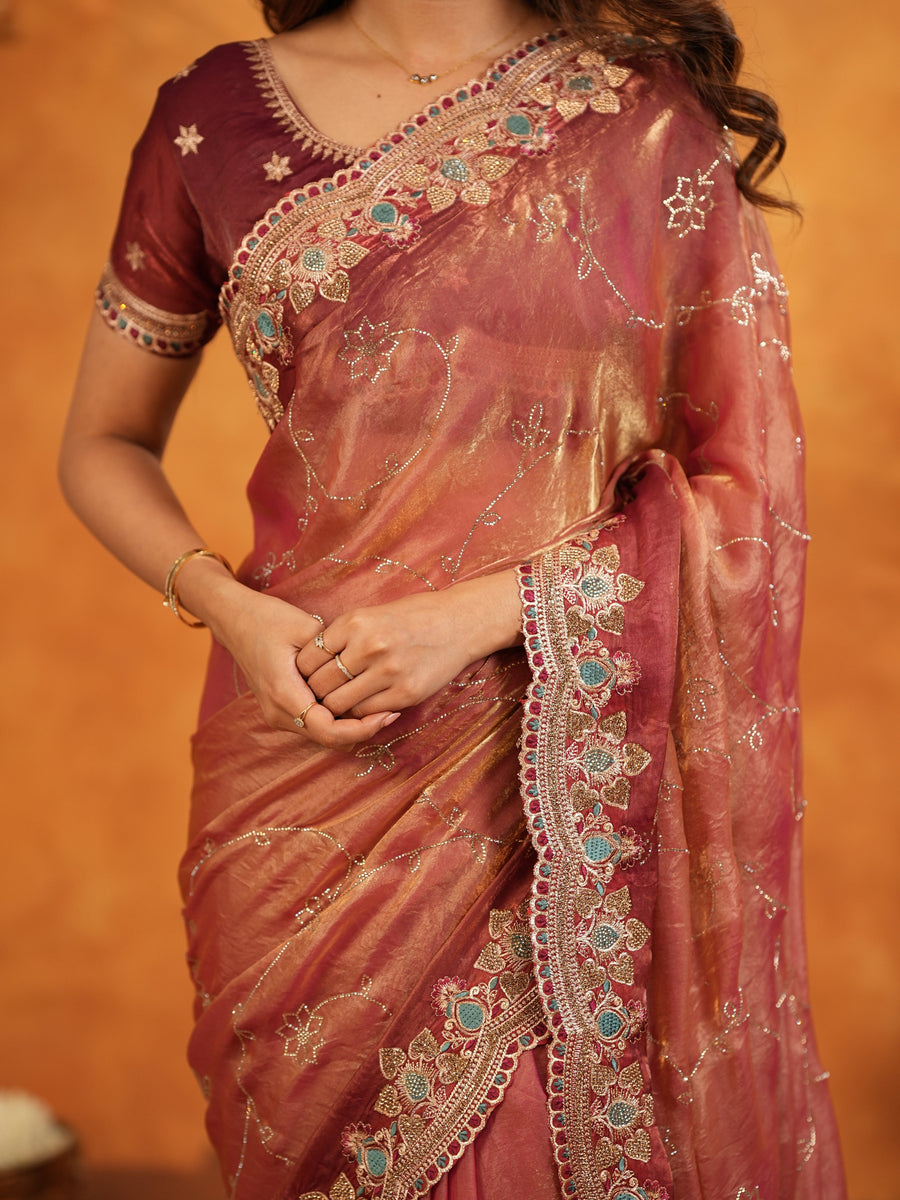 Dusty Rose Pink Fendy Satin Embroidered Saree with Multicolor Floral Border & Tassels | Designer Party Wear Saree with Heavy Embroidered Blouse