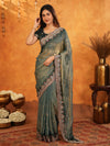 Steel Teal Fendy Satin Embroidered Saree with Floral Border & Tassel Finish | Designer Party Wear Saree with Heavy Embroidered Blouse