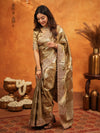 Antique Gold Tissue Silk Embroidered Saree with Rich Zari Motifs & Designer Border | Heavy Embroidered Blouse with Tassels | Wedding Festive Wear Saree
