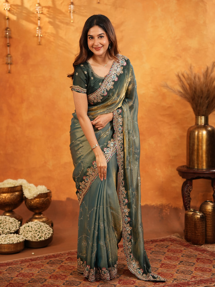 Steel Teal Fendy Satin Embroidered Saree with Floral Border & Tassel Finish | Designer Party Wear Saree with Heavy Embroidered Blouse