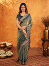 Steel Teal Fendy Satin Embroidered Saree with Floral Border & Tassel Finish | Designer Party Wear Saree with Heavy Embroidered Blouse
