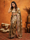 Antique Gold Tissue Silk Embroidered Saree with Rich Zari Motifs & Designer Border | Heavy Embroidered Blouse with Tassels | Wedding Festive Wear Saree