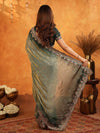 Steel Teal Fendy Satin Embroidered Saree with Floral Border & Tassel Finish | Designer Party Wear Saree with Heavy Embroidered Blouse