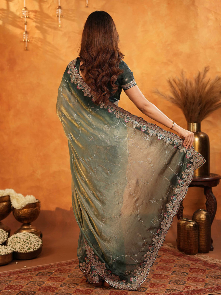 Steel Teal Fendy Satin Embroidered Saree with Floral Border & Tassel Finish | Designer Party Wear Saree with Heavy Embroidered Blouse