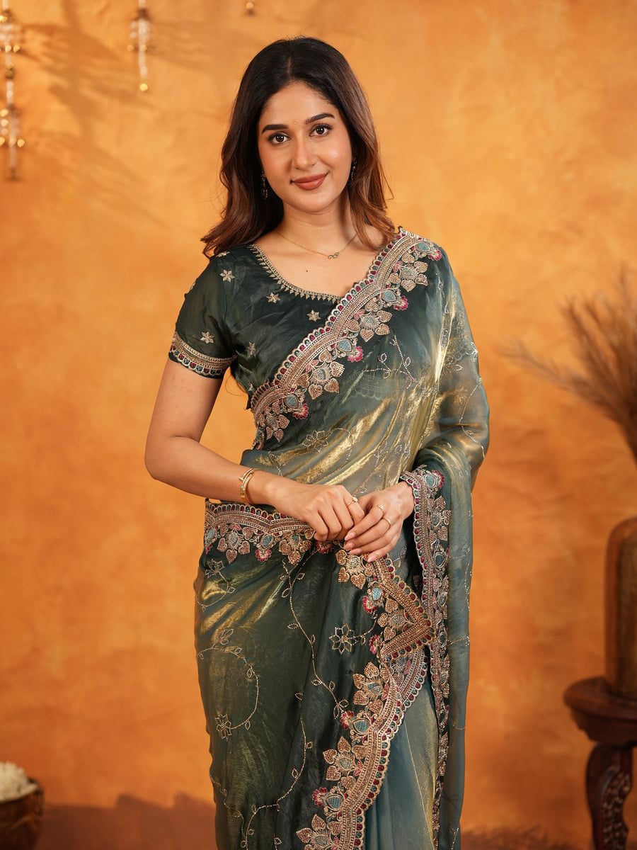Steel Teal Fendy Satin Embroidered Saree with Floral Border & Tassel Finish | Designer Party Wear Saree with Heavy Embroidered Blouse