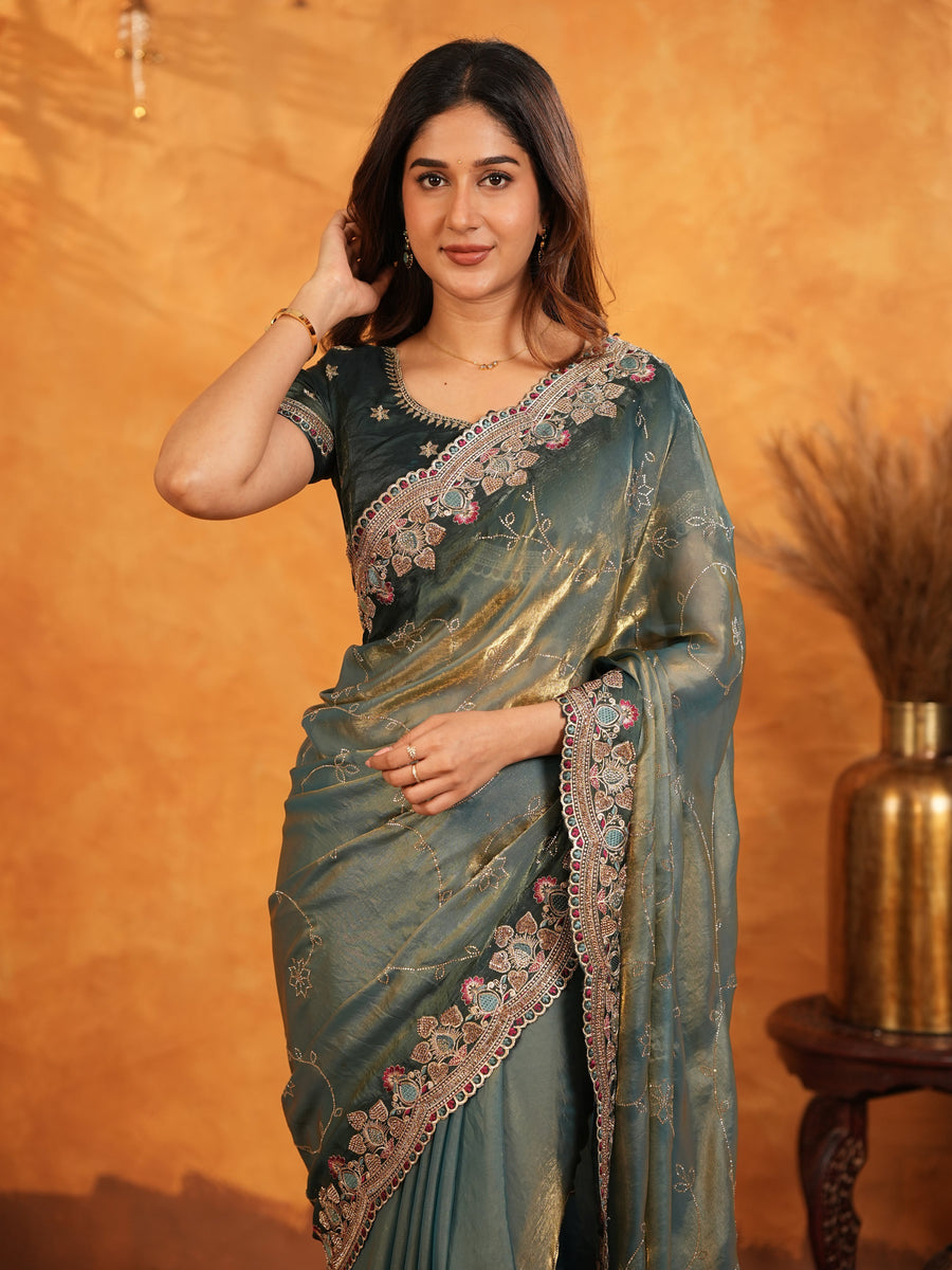 Steel Teal Fendy Satin Embroidered Saree with Floral Border & Tassel Finish | Designer Party Wear Saree with Heavy Embroidered Blouse