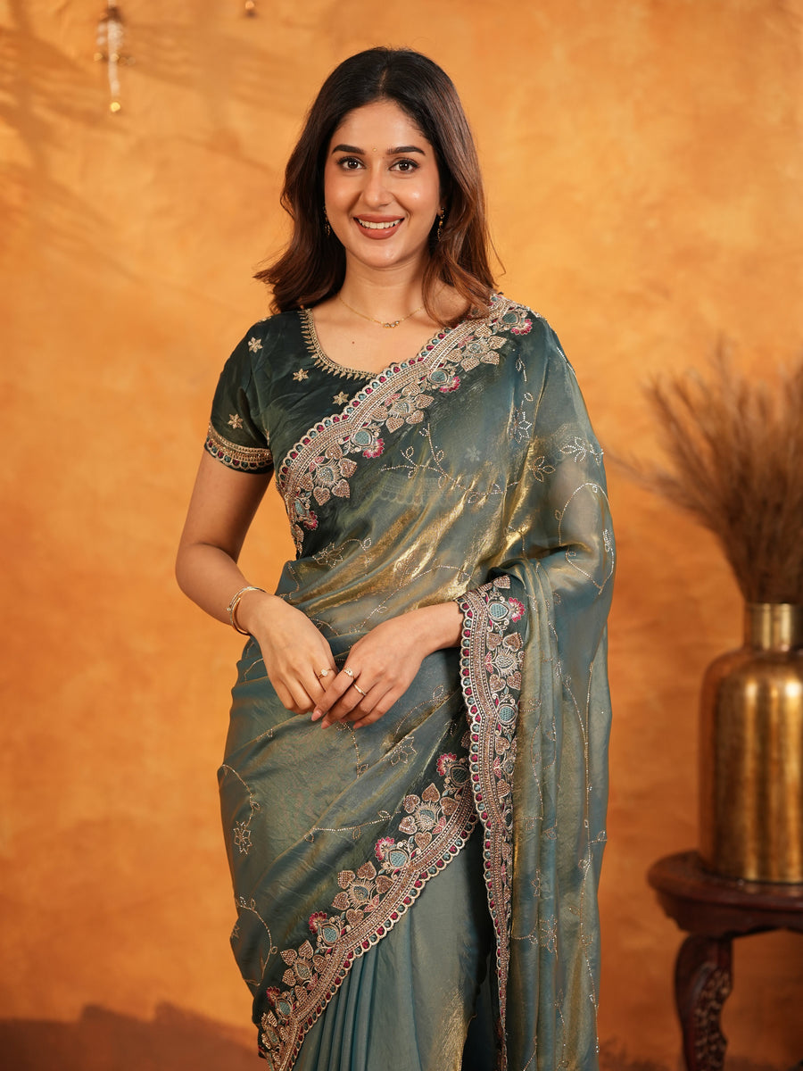 Steel Teal Fendy Satin Embroidered Saree with Floral Border & Tassel Finish | Designer Party Wear Saree with Heavy Embroidered Blouse