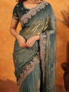 Steel Teal Fendy Satin Embroidered Saree with Floral Border & Tassel Finish | Designer Party Wear Saree with Heavy Embroidered Blouse